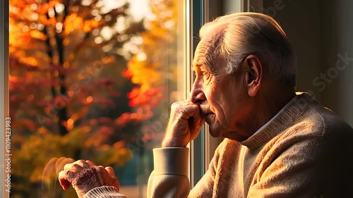 Elderly Man Reflecting While Gazing Out of a Window in Autumn Light

 photo