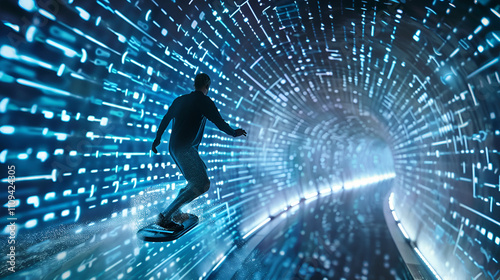 A man surfing a binary code wave on a hoverboard 