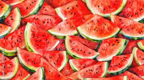 Seamless watercolor pattern featuring vibrant watermelon slices perfect for summer themed designs