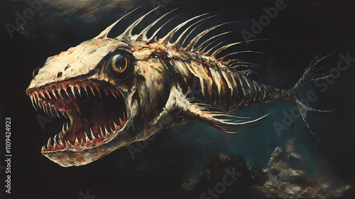 A livyatan melvillei silently stalks its unsuspecting prey through the shadowy, abyssal depths, its keen senses and formidable jaws poised to strike. Abyssal. Illustration