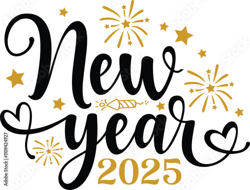 New Year 2025 typography clip art design for T-shirts and apparel, Happy New Year art on plain white background for shirt, hoodie, sweatshirt, card, tag, mug, icon, poster or badge