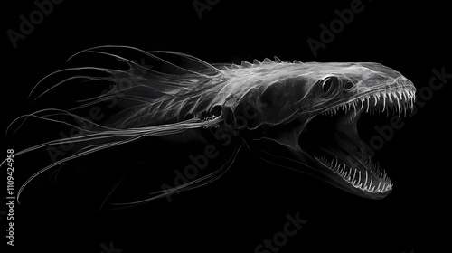 A livyatan melvillei silently stalks its unsuspecting prey through the shadowy, abyssal depths, its keen senses and formidable jaws poised to strike. Abyssal. Illustration