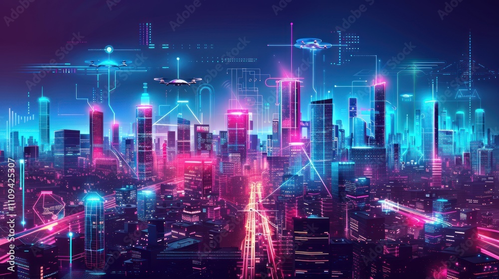 Fototapeta premium Futuristic cityscape with neon lights, flying vehicles, and digital interfaces.
