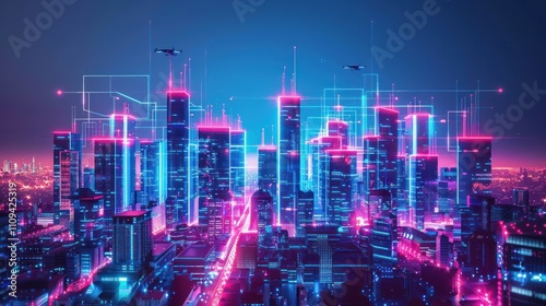 Wallpaper Mural Futuristic city skyline at night with neon lights and flying vehicles. Torontodigital.ca