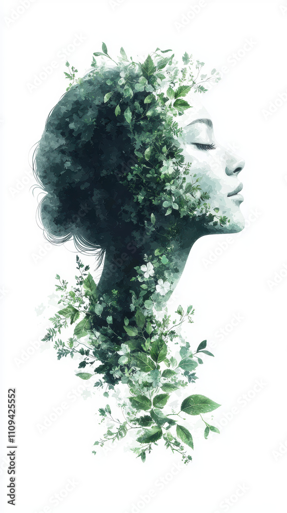 Fototapeta premium serene profile of woman surrounded by lush green foliage, symbolizing nature
