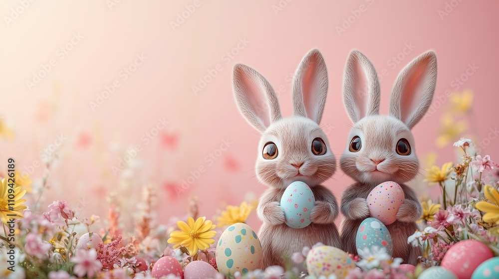 Obraz premium Cartoon Easter Bunny Border with Eggs and Spring Flowers on Pink background with copy space