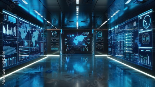 Futuristic data center with holographic displays showing global network and analytics.