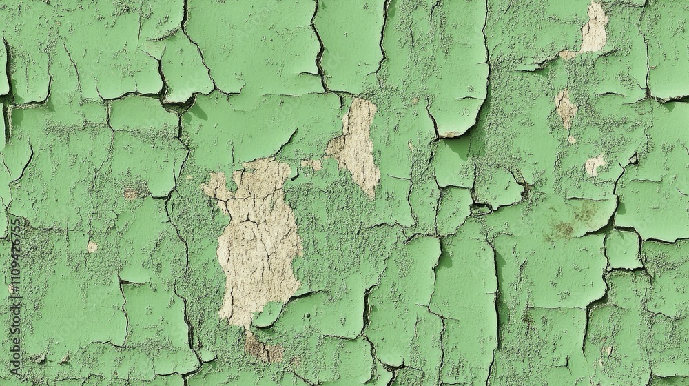 Obraz premium Seamless pattern of vintage green distressed wall texture featuring worn spots cracks and chips ideal for wallpaper or design projects