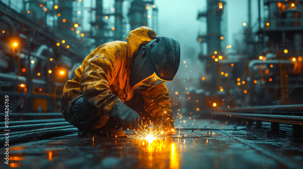 Industrial worker welding in a refinery at night, with sparks flying and dramatic lighting illuminating the scene Industrial worker welding in a refinery at night, with sparks flying and dramatic lighting illuminating the scene