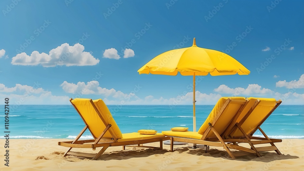 web banner size copyspace Beach yellow umbrella with yellow seats on a blue background. web banner size copyspace Beach yellow umbrella with yellow seats on a blue background.