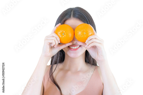 beauty Asian woman , cute girl holding orange fruit post in front of her eyes isolated on a transparent background