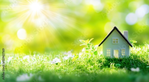 Fototapeta Naklejka Na Ścianę i Meble -  A miniature house on the grass in sunlight. A green meadow with sun rays and a bokeh background. 