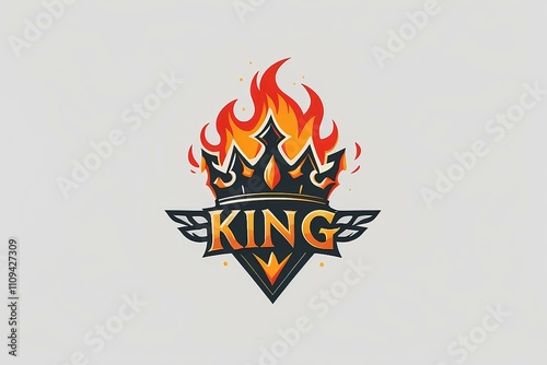 fiery king crown logo with bright orange and red flames and bold golden text design on light background photo