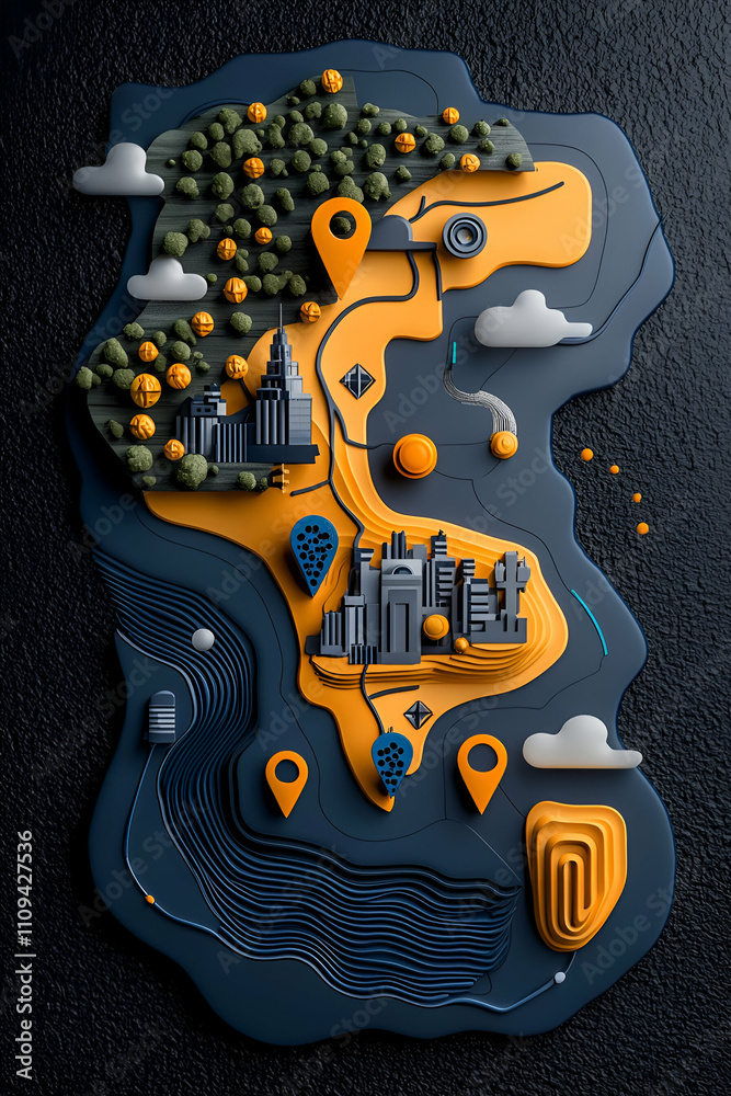 Obraz premium A vibrant 3D map of an abstract landscape, featuring buildings, trees, and location markers in yellow and gray tones, set against a textured backdrop.