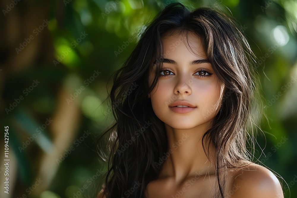 Naklejka premium Sunlit Girl Headshot Close-up Natural Beauty, Brown Eyes, Soft Lighting