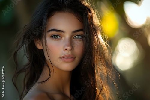 Sunlit Girl Portrait Peaceful Expression, Brown Hair, Natural Beauty