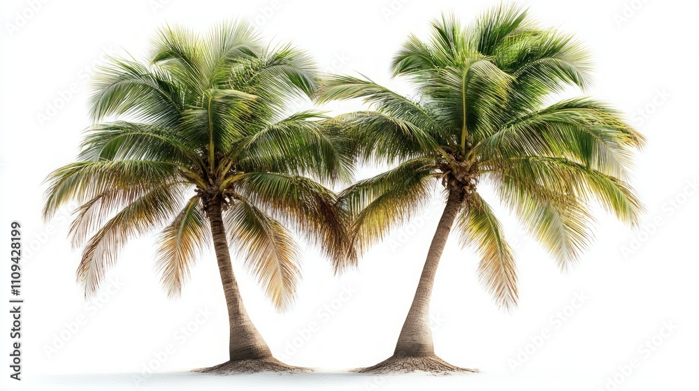 Obraz premium Two lush coconut palm trees on a white background.