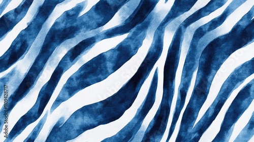 Seamless zebra fur texture in blue and grey watercolor wildlife print for fashion and home decor applications