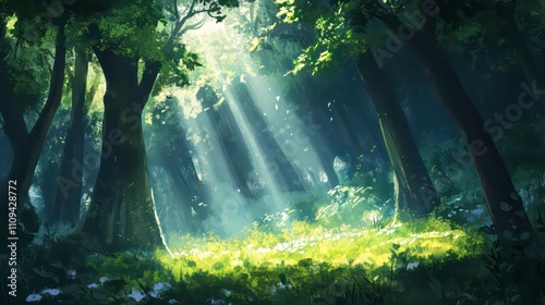 Sunbeams illuminate a lush forest clearing with wildflowers.