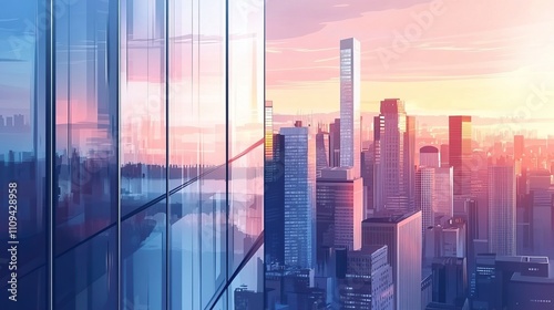 Cityscape at Sunset Through Window