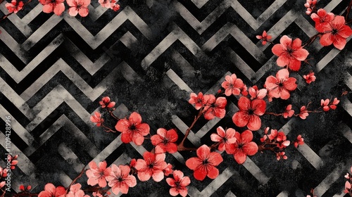 Seamless floral pattern featuring hand painted graphic flowers and blossom branches over a geometric zigzag background ideal for fabric and wallpaper design