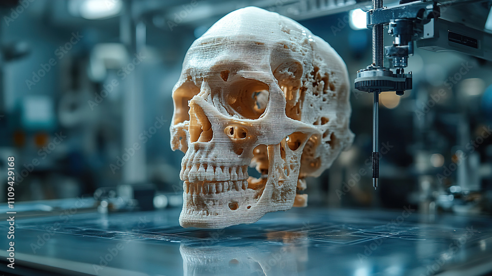 Detailed 3D print of a human skull in a modern laboratory showcasing advanced technology and precision engineering. Generative AI Detailed 3D print of a human skull in a modern laboratory showcasing advanced technology and precision engineering. Generative AI