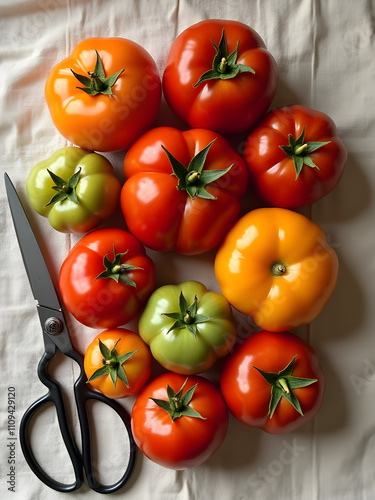 Flat-lay of heirloom tomatoes in various colors and shapes, displayed on natural linen cloth with a pair of vintage scissors. Generative AI artwork. photo