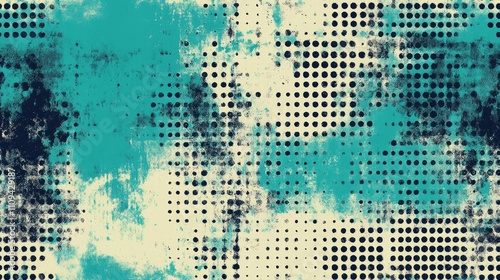 Seamless turquoise grunge texture pattern featuring halftone elements perfect for vintage design applications photo