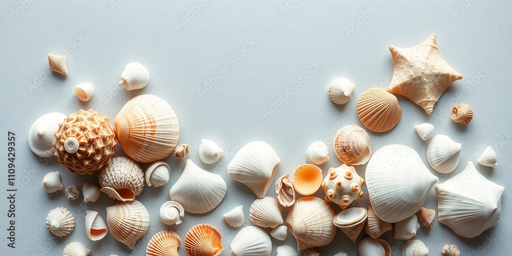 Obraz premium An array of seashells and sea urchins with natural variations in color and texture, arranged on a light gray background, highlighting a minimalist, contemporary design concept.