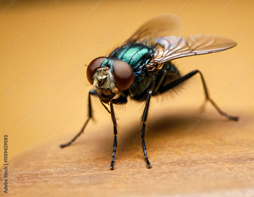 .Fly insect sits on the table, close-up view. .Fly insect sits on the table, close-up view.