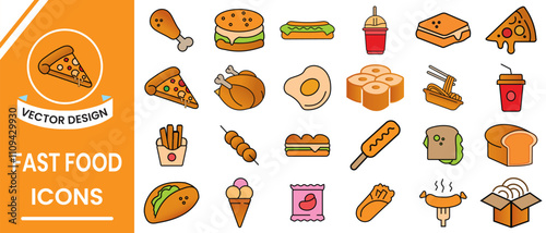 Fast food, Junk food icon, vector design. Street food, Flat design of fast food and junk food vector on white background. Vector illustration.