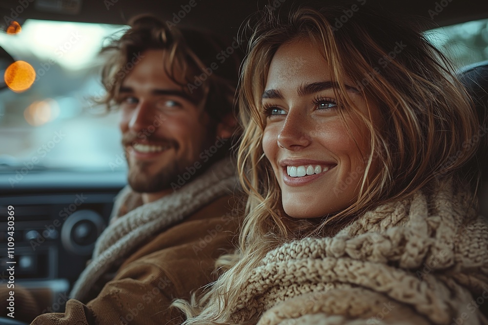 A happy couple driving together in a car, smiling and excited for their romantic vacation road trip A happy couple driving together in a car, smiling and excited for their romantic vacation road trip
