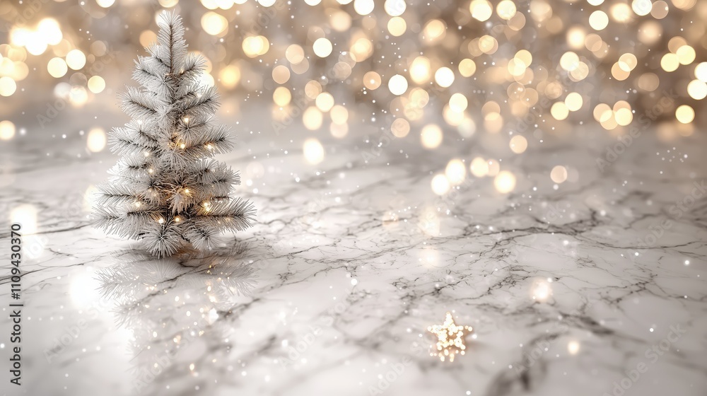 Christmas Background White Christmas Tree on Marble Surface with Bokeh Lights