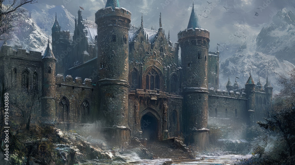 Fototapeta premium A medieval castle with tall towers and a grand gatehouse