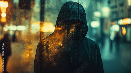 Hooded figure standing alone on a city street at night.