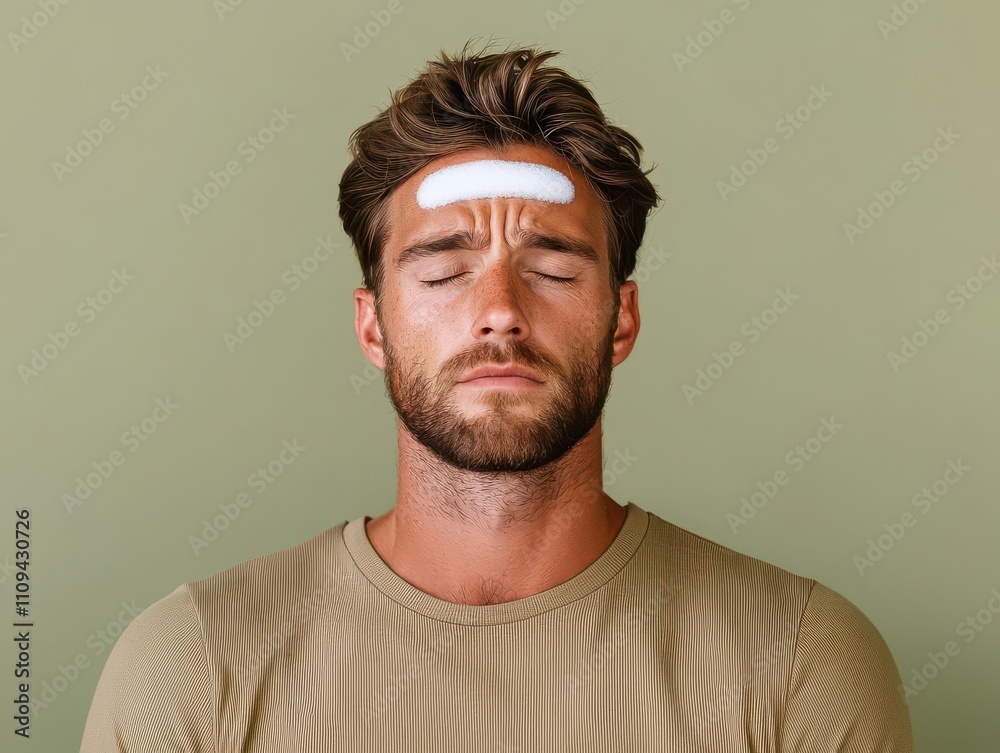 Obraz premium office syndrome concept. A worker using a cooling gel applied to their forehead to relieve a headache caused by screen fatigue