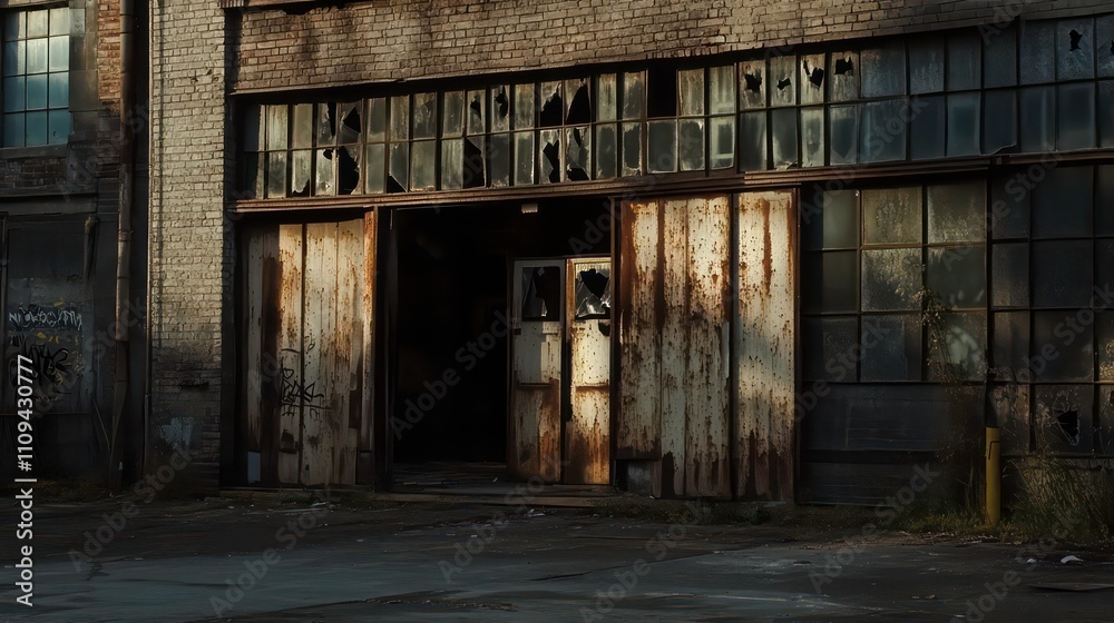 Fototapeta premium Sunlit abandoned industrial building with rusty doors and broken windows.