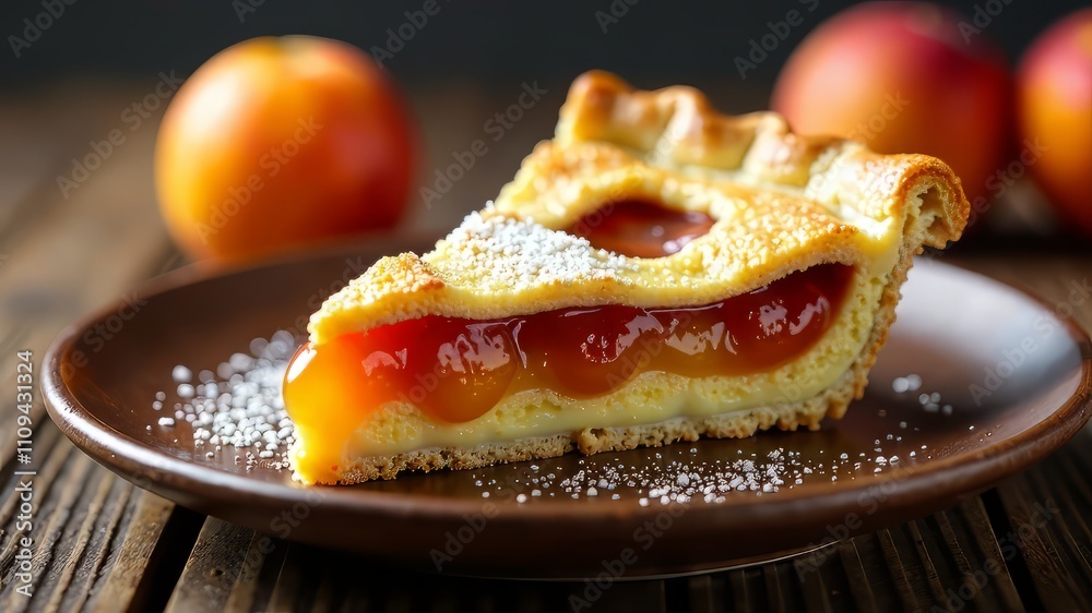 Golden Crust Jam & Apricot Pie Slice - Brown Plate - Delicious Dessert Image Golden Crust Jam & Apricot Pie Slice - Brown Plate - Delicious Dessert Image