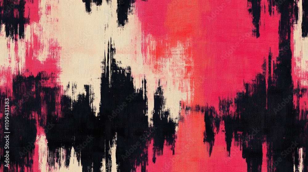Fototapeta premium Seamless ikat pattern featuring light magenta and red smudges contrasted with black elements perfect for graphic rug decor and vibrant textile design