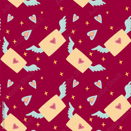 Whimsical winged envelopes and hearts pattern on deep red background.