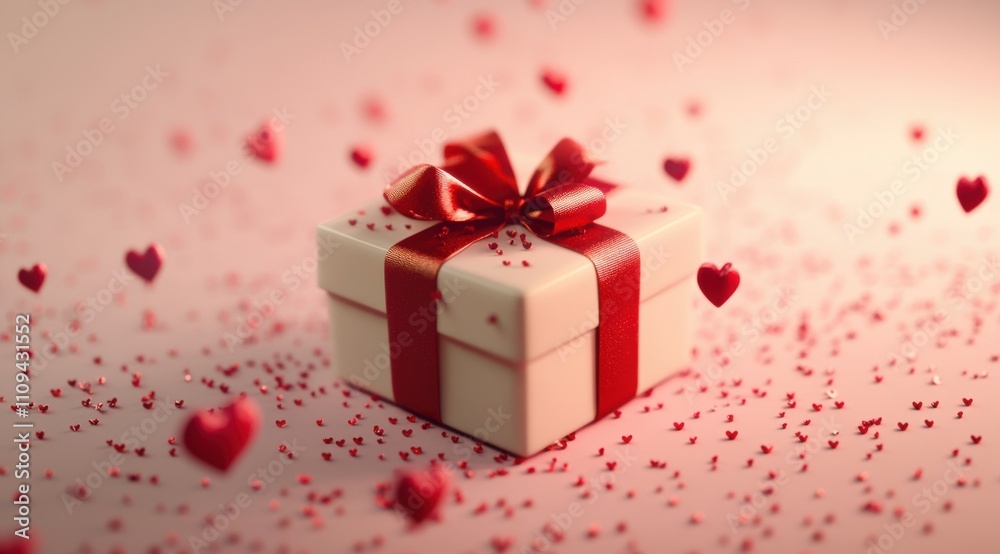 An elegant gift box with a red ribbon, surrounded by tiny hearts on a light pink background. Valentine's Day concept An elegant gift box with a red ribbon, surrounded by tiny hearts on a light pink background. Valentine's Day concept