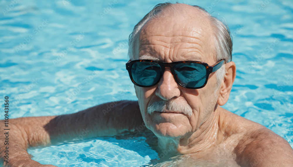 Fototapeta premium Active old man relaxing in an outdoor pool with snowy mountains in the background. 