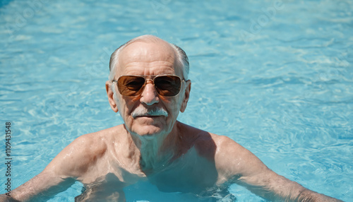 Active old man relaxing in an outdoor pool with snowy mountains in the background. 