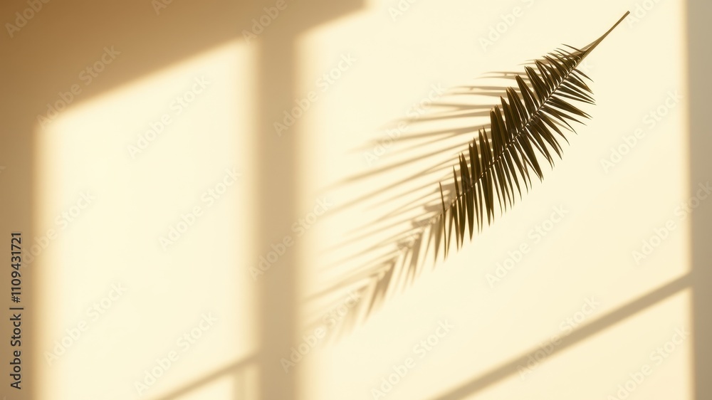 Obraz premium The Sunlight Filtering Through a Window Creates a Playful Shadow of a Palm Leaf on a Soft Beige Wall