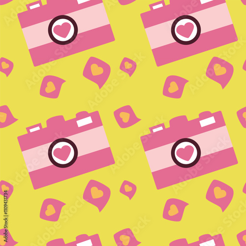 Retro pink cameras and hearts pattern on vibrant yellow background.