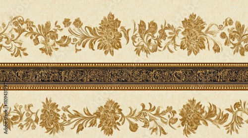 Seamless pattern featuring intricate Mughal artwork with traditional Indian motifs and ornate antique gold borders photo