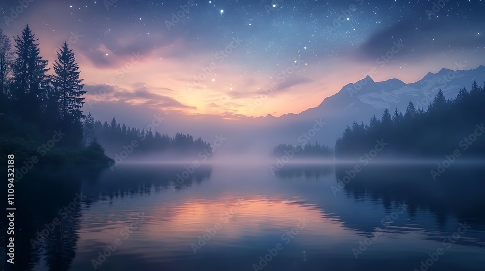 Serene lake reflecting a starry sky, surrounded by mountains and misty forests. Serene lake reflecting a starry sky, surrounded by mountains and misty forests.