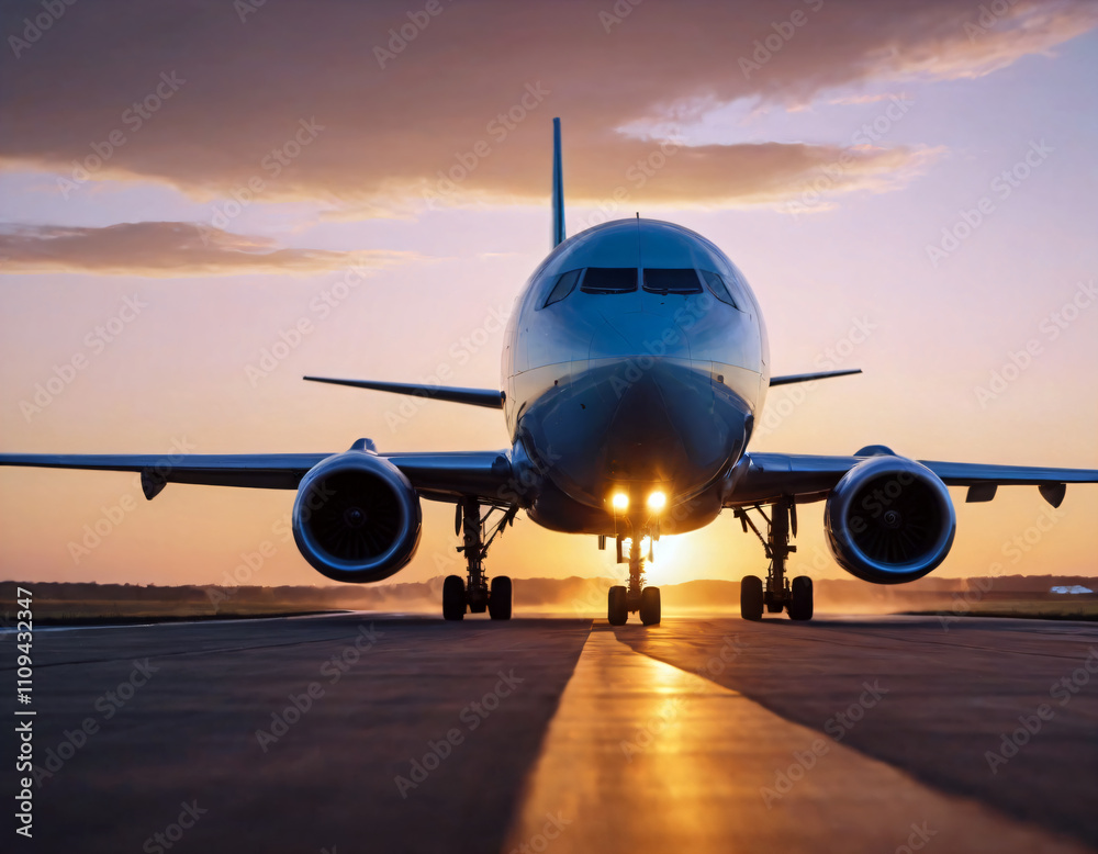 Obraz premium The plane rises from the runway at sunset.