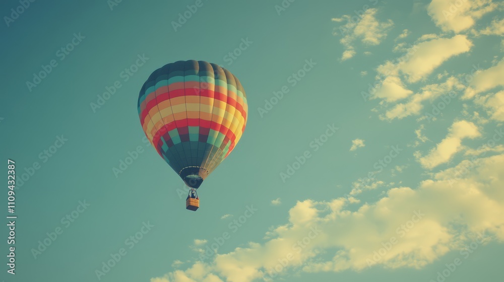 Fototapeta premium Colorful hot air balloon floats in a clear blue sky with fluffy clouds.