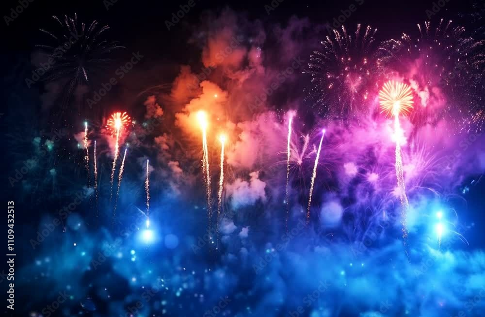 Vibrant animation of fireworks bursting in colorful displays.
